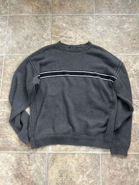 Nautica Men's Large VintageCharcoalGray100% Cotton Striped Crewneck Knit Sweater